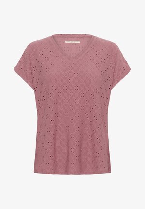 Bluzka z dekoltem w serek i krótkim rękawem, wykonana z miękkiego mauve materiału z misternymi wzorami w oczka i detalami cięcia. Luźny krój z teksturowanym wykończeniem.