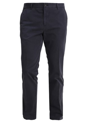 Pantaloni da uomo blu navy slim fit con chiusura con bottone e zip, passanti per cintura e tasche laterali anteriori.