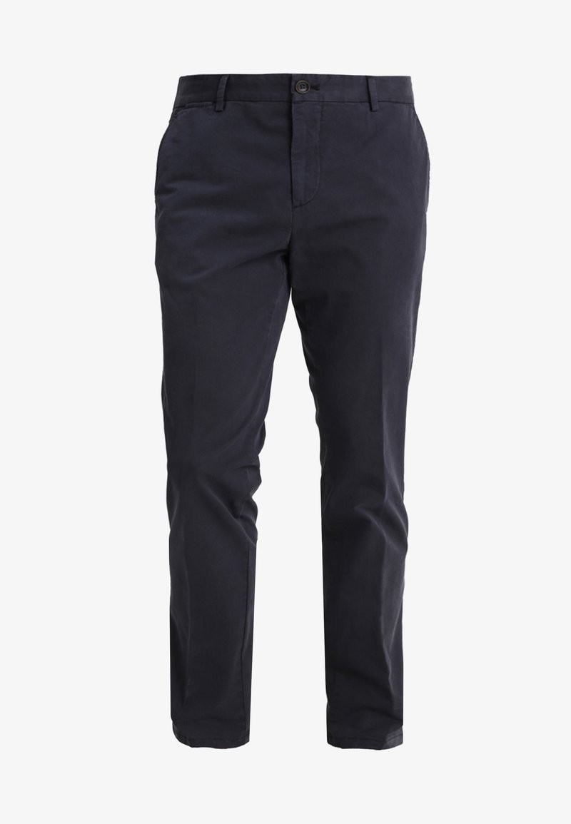 Pantalon homme bleu marine slim avec fermeture bouton et zip, passants de ceinture et poches latérales avant.