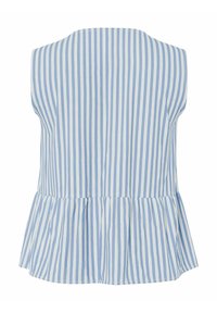 Haut sans manches à rayures verticales bleu clair et blanc avec un ourlet évasé et volanté à l'arrière.