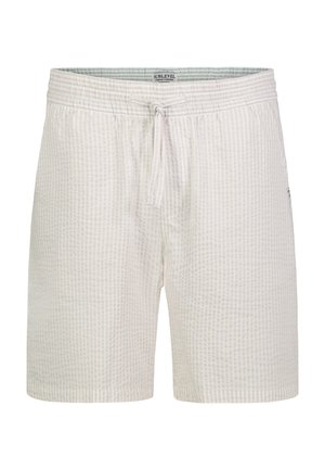 Hellbeige Herrenshorts mit dezenten vertikalen Streifen, elastischem Bund und Bindeband vorne.