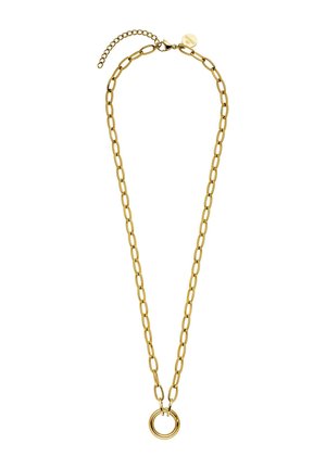 Halskette mit goldfarbenen Gliedern und einem runden Ringanhänger, ausgestattet mit einem verstellbaren Verschluss und einem kleinen Markenanhänger.