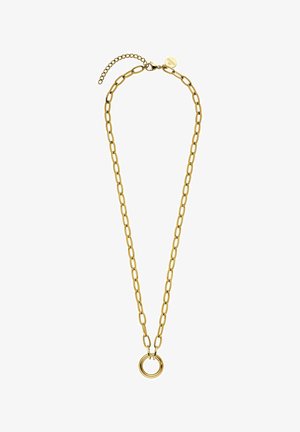 Halskette mit goldfarbenen Gliedern und einem runden Ringanhänger, ausgestattet mit einem verstellbaren Verschluss und einem kleinen Markenanhänger.