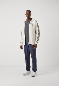Sweatshirt branca com fecho éclair e riscas cinzentas, t-shirt cinzenta, calças azul-marinho e ténis cinzentos claros. O visual apresenta um design desportivo e linhas limpas.