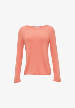Langarm, koraalgekleurde gebreide top met een relaxte pasvorm, wijde hals en zachte textuur. Beschikt over een rechte zoom en geribde manchetten. Geen zichtbaar logo.