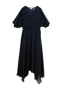 Navyblaues Kleid aus leichtem Stoff, mit V-Ausschnitt, geflügelten Ärmeln, elastischem Bund und asymmetrischem Saum.