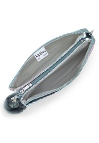Kipling-väska med en ljusblå yta, dragkedjestängning, två separata fack och en fluffig pom-pom-accent för extra textur.