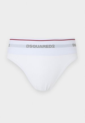 Valged meeste aluspüksid punase ja halli vööga, millel on vöö keskmes "DSQUARED2" logo.