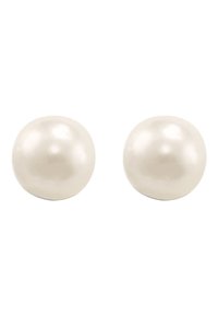 Orecchini di perle bianche tonde con una superficie liscia e lucida. Hanno un design classico e semplice, senza accenti o componenti aggiuntivi.