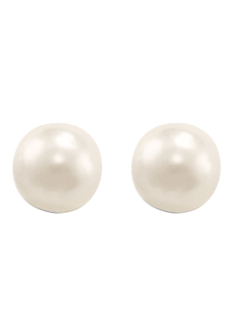 Orecchini di perle bianche tonde con una superficie liscia e lucida. Hanno un design classico e semplice, senza accenti o componenti aggiuntivi.