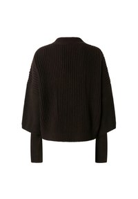 Crni skraćeni dzemper s rebrastom teksturom, širokim rukavima i okovratnikom. Materijal izgleda mekano i pletivo, pružajući opušteni kroj.