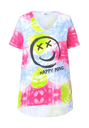 Bomulds T-shirt med tie-dye i blå, pink og neon grøn. Har V-hals, korte ærmer og et sort smilende ansigt grafisk design med teksten "HAPPY MIND".
