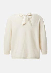 Sweter dzianinowy w kolorze kremowym z kwadratowym dekoltem, długimi rękawami i ozdobną kokardą z tyłu. Posiada ściągacze na mankietach i dole.