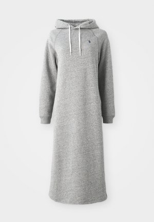 Gray hoodie dress made of soft fabric, featuring a long design, long sleeves, and a kangaroo pocket. Decorative white drawstrings at the hood.