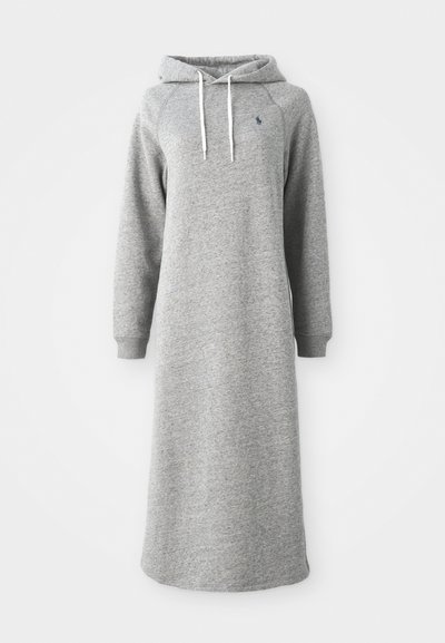 Grijze hoodie-jurk van zachte stof, met een lange snit, lange mouwen en een kangoeroezak. Decoratieve witte koordjes bij de capuchon.