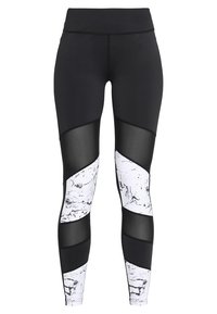 Leggings a vita alta realizzati in tessuto nero con sezioni trasparenti e un motivo a marmo bianco. Texture liscia e design aderente per il massimo comfort.