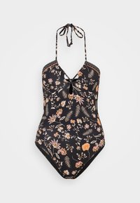 Maillot de bain une pièce noir à motifs floraux avec des fleurs orange et roses, col halter, accent de nœud à l'avant et bretelles texturées. Texture de tissu lisse.