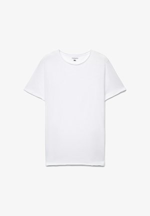 T-shirt bianca a maniche corte realizzata in tessuto morbido, con scollo rotondo e vestibilità comoda. L'etichetta riporta "Terranova" e la taglia "XL".