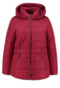 Red quilted puffer jacket with a hood, featuring a front zip closure and two zippered side pockets. Smooth, water-resistant fabric.