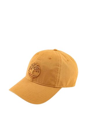 Berretto da baseball giallo senape con logo ad albero ricamato sul davanti, design a sei pannelli e visiera curva.