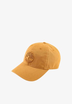 Berretto da baseball giallo senape con logo ad albero ricamato sul davanti, design a sei pannelli e visiera curva.