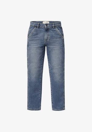 Jeans blu a gamba dritta con tasche anteriori, passanti per cintura, chiusura con bottone e dettagli sbiaditi sulle cosce.