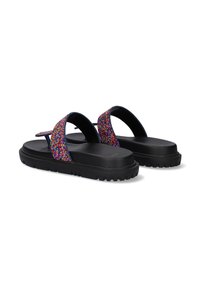 Sandalias negras con suela texturizada y detalles de tiras de cuentas coloridas. Diseño de plataforma con un amplio separador para los dedos y soporte para el arco del pie.