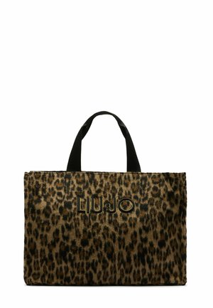 Sac fourre-tout à motif léopard en fausse fourrure marron et noire avec deux poignées noires ; présente le logo "LIU JO" en doré à l'avant.