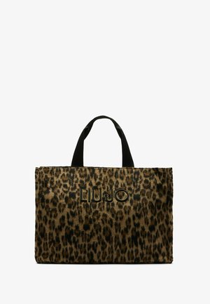 Leopard-print tote bag in brown and black faux fur with two black handles; features "LIU JO" logo in gold on the front.