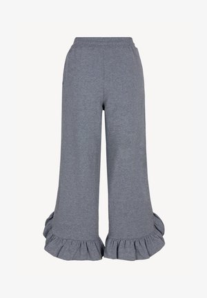 Szare szerokie spodnie z elastycznym pasem i dużą falbaną u dołu, wykonane z miękkiego materiału.