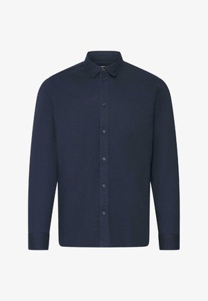 Marineblå langermet skjorte med krage med knapper, frontknapplukking og ensartet tekstur; har sydd mansjetter og nederkant.