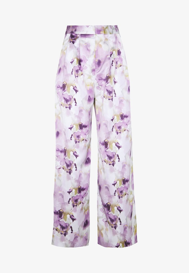 Pantalon taille haute à jambes larges avec plis, présentant un imprimé floral doux dans des tons de violet, blanc et vert clair.