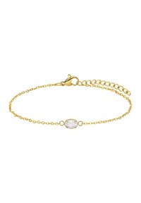 Pulsera de cadena de oro con un acento de cristal ovalado, que presenta un cierre de langosta y longitud ajustable con una extensión de cadena.