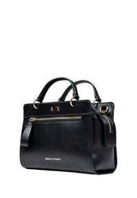Borsa a tracolla nera in pelle con hardware dorato, doppio manico e tasca frontale con zip e dettagli del logo. Tasca laterale con zip.