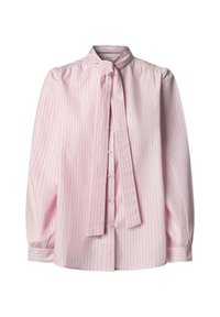 Hele roosa pikkade varrukatega särk, millel on vertikaalsed valged triibud, kõrge krae ja kaelusel lipsu detail. Varustatud esikinnisnupu ja kogutud varrukatega.