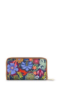 Bloemenportemonnee met een donkere stof en multicolore botanische patronen, een ritsluiting en een tan ritsafwerking.