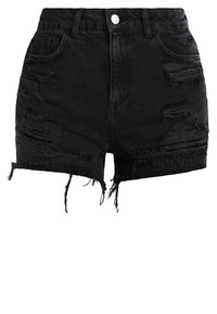 Černé džínsové šortky s vysokým pasem, s roztrhaným lemem a poškozeným detailem s trhlinami na přední straně. Kovové zapínání na knoflík v oblasti pasu.