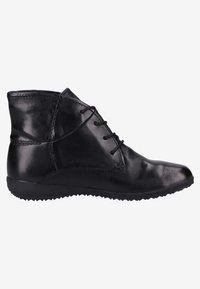 Botines de cuero negro con un acabado suave, parte frontal con cordones, puntera redondeada y suela de goma con un relieve texturizado para mayor agarre.