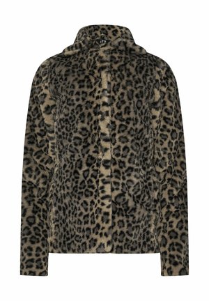 Leopardprint nepbontjasje met een hoge kraag, lange mouwen, een rits aan de voorkant en een zachte textuur, in tinten van beige en zwart.