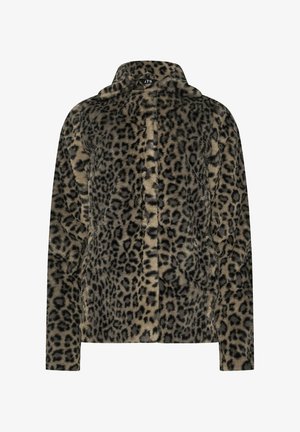Giacca in pelliccia sintetica con stampa leopardata, dotata di colletto alto, maniche lunghe, chiusura anteriora con zip e una morbida texture, nelle tonalità di beige e nero.