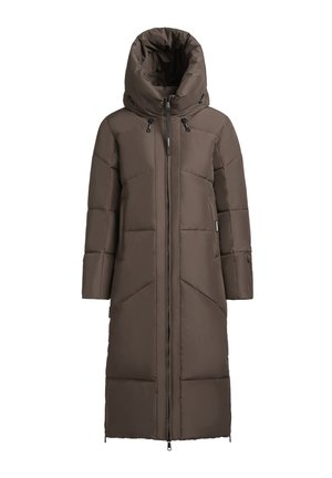 Manteau rembourré marron avec un col montant, des manches longues et une coupe longue. Il possède une fermeture éclair sur le devant et deux poches latérales.