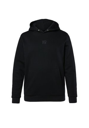 Schwarzer Hoodie aus weichem Material, mit einer Fronttasche, Kordelzügen und einem kleinen Logo auf der Brust in einem etwas helleren Ton.