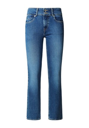 Blue high-waist straight-leg jeans with double button closure, front pockets, and subtle fading on thighs and knees.