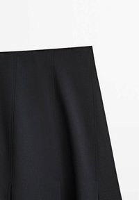 Jupe plissée noire avec des détails de coutures verticales visibles sur un fond blanc uni.