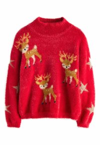 Red sweater featuring fluffy texture, round neck, and reindeer designs in brown with white accents, alongside gold star patterns.