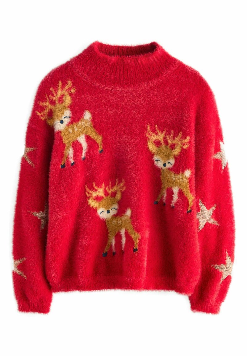 Red sweater featuring fluffy texture, round neck, and reindeer designs in brown with white accents, alongside gold star patterns.