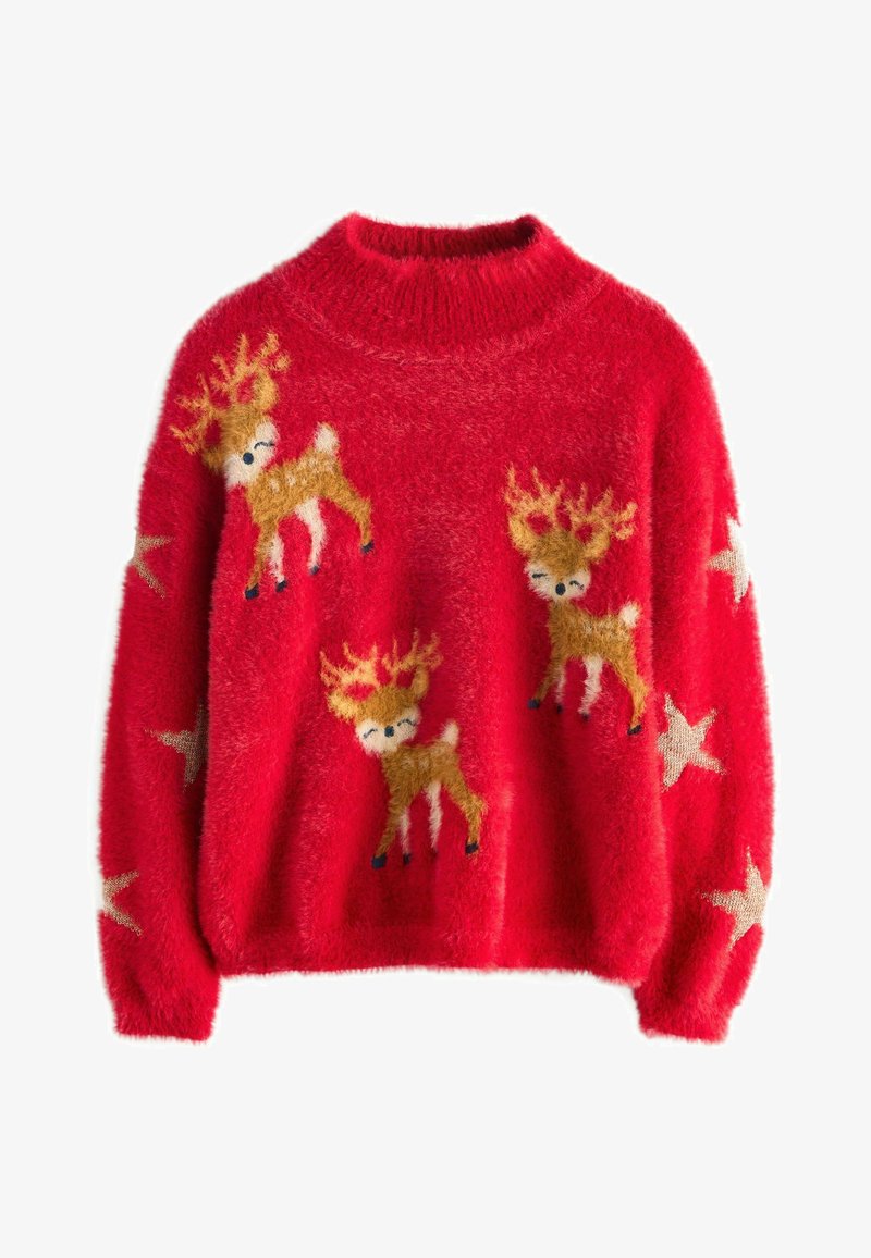 Red sweater featuring fluffy texture, round neck, and reindeer designs in brown with white accents, alongside gold star patterns.