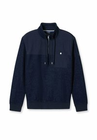 Marineblauer Pullover mit hohem Kragen, Fronttasche und Kordelzügen. Verfügt über einen strukturierten Stoff und glatte Abschnitte.
