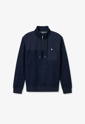 Marineblauer Pullover mit hohem Kragen, Fronttasche und Kordelzügen. Verfügt über einen strukturierten Stoff und glatte Abschnitte.