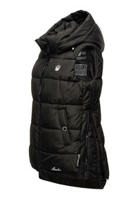 Veste matelassée sans manches noire avec col montant, fermeture éclair frontale, poches latérales et logos de la marque sur la poitrine et le bas.